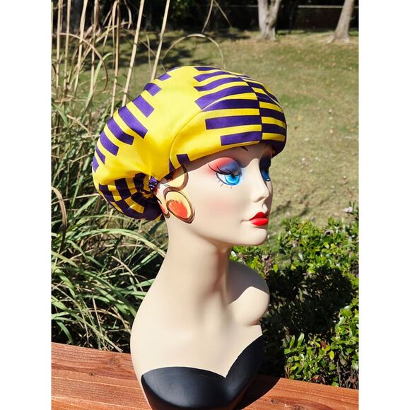 Vintage 1960s Miss Alice Silk Turban Hat Purple Gold Mod Statement Game Day Glam main image 6
